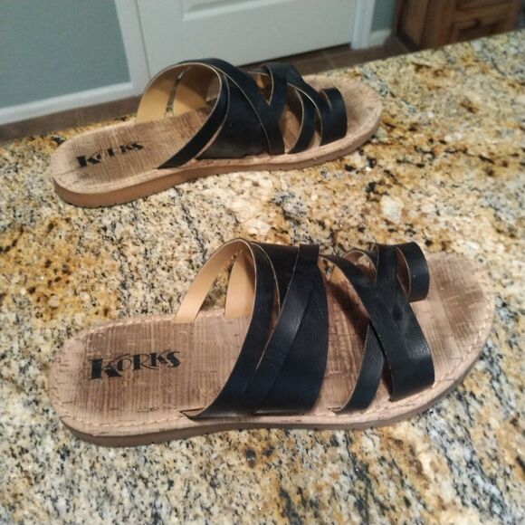 Korks Clemmons Strappy Slides Sandals Black Leather Cork Footbed Women's 8.5M - Picture 5 of 12